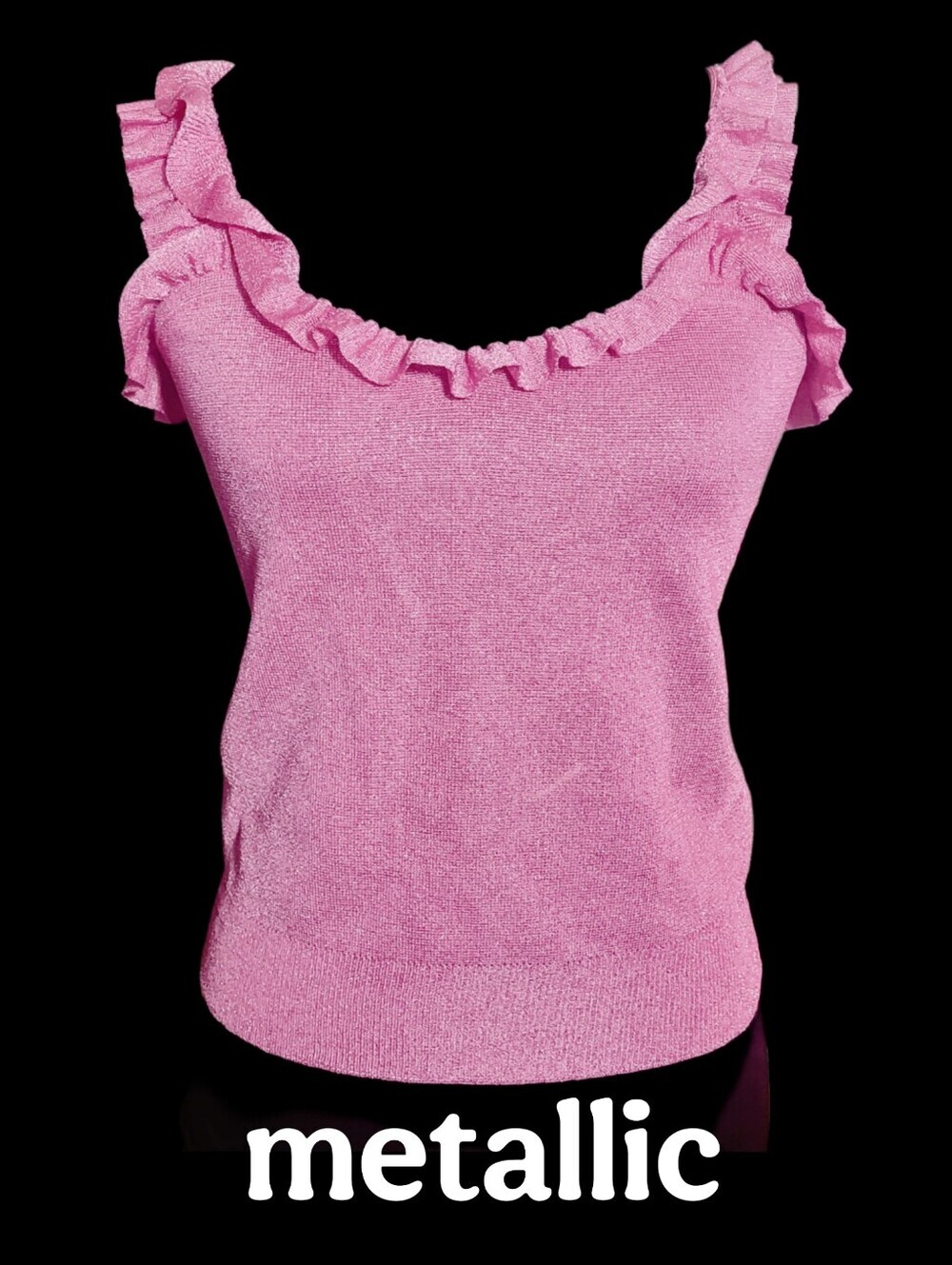 Retro Pink Ruffled Metallic thread Knit Tank Top - Picture 1 of 5